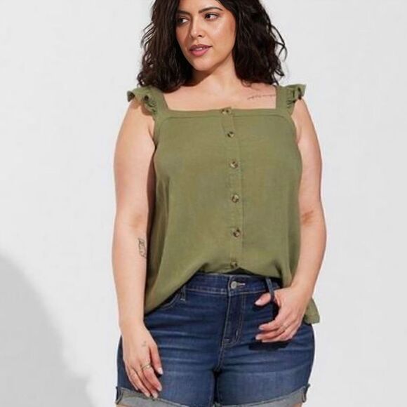 Torrid Olive Green Floral Double Gauze Ruffle Button Front Tank Top Sz 2X - Picture 1 of 10